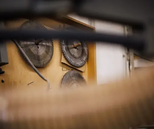 Verschiedene Kreissägeblätter sind an einer Holztafel in einer Werkstatt angebracht.